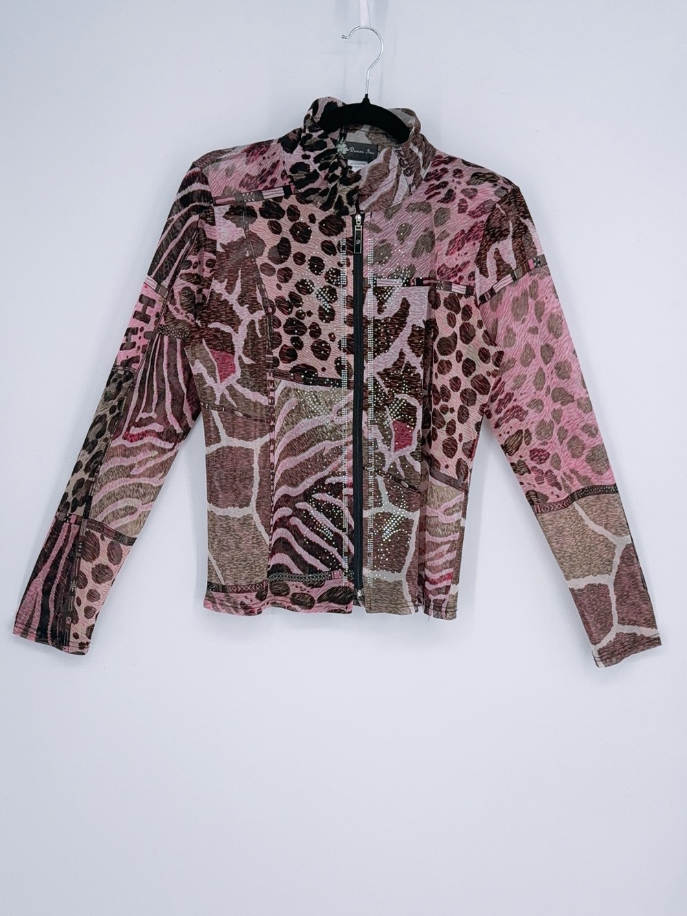 Damee Inc Pink Animal Print Mesh Zip Up Jacket Rhinestone Leopard Zebra Small